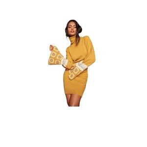 Lulus Its Groovy Crochet Arm Sweater Dress Mustard Yellow Acrylic Retro